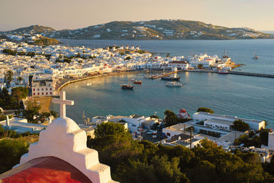 Mykonos island port with boats, cyclades islands, greece