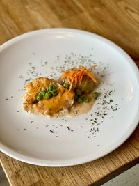 High angle view of pasta in plate on table
