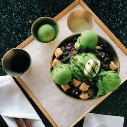 High angle view of breakfast served on table