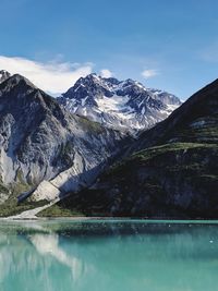 Scenic view of lake and snowcapped mountains against sky