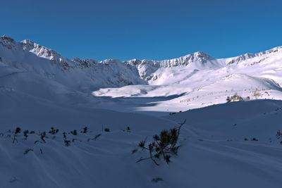 Scenic view of snowcapped mountains against blue sky