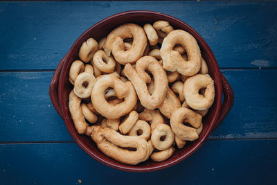 High angle view of bread in bowl on table