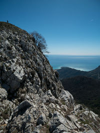 Scenic view of rocky mountains and sea against clear blue sky