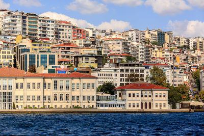 Buildings by river against sky in city