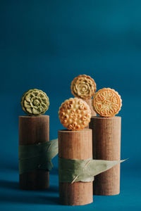 High angle view of food on table against blue background