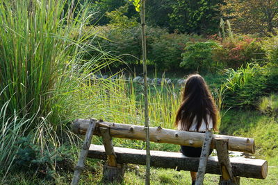 Rear view of woman sitting on bench against plants