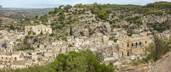 Extra wide aerial landscape of scicli with beautiful historic buildings in the baroque style