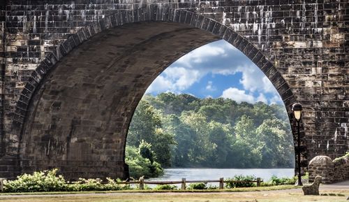 Trees growing by lake seen through arch bridge