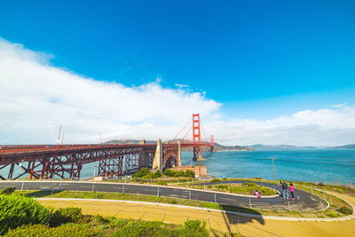 View of suspension bridge against cloudy sky