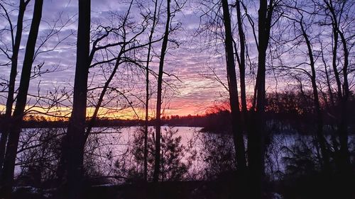 Silhouette bare trees by lake against sky at sunset