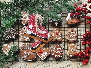 High angle view of christmas decoration on table