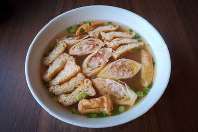 High angle view of noodles in bowl on table