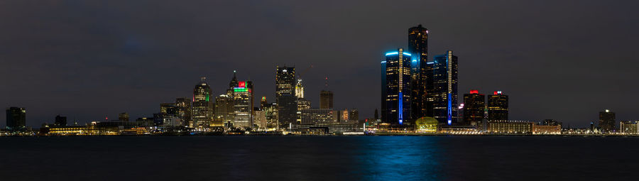 Detroit skyline at dusk viewed from windsor on.