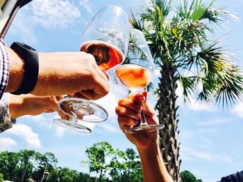 Low angle view of cropped hands toasting drinks against trees