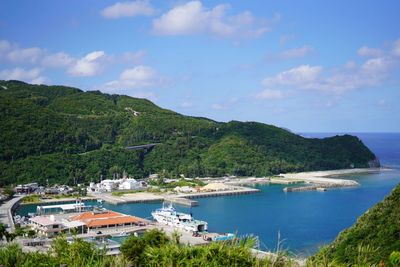 Scenic view of bay against sky