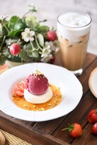 High angle view of dessert on table