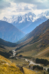 Scenic view of snowcapped mountains against sky