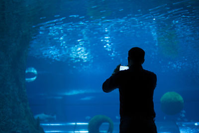 Silhouette man photographing fish tank in aquarium