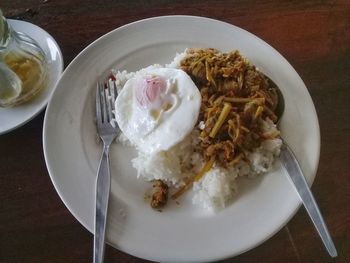 High angle view of breakfast served on table