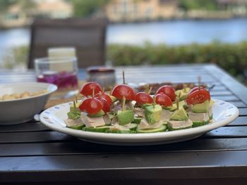 Close-up of chopped fruits on table