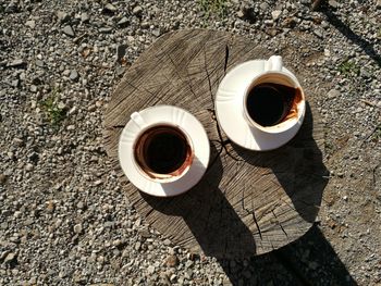 Directly above shot of coffee leftovers on wood at field
