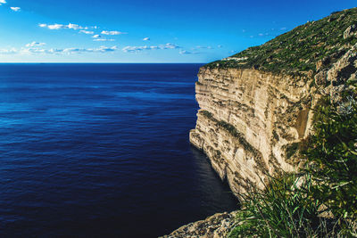 Rock formations by sea against blue sky