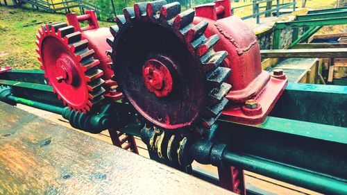 Close-up view of red wheel