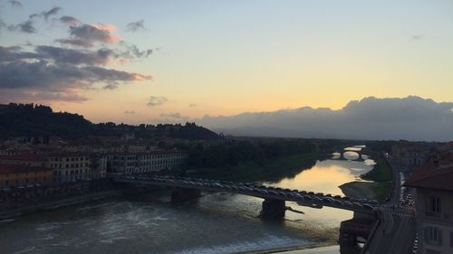 Bridge over river in city against sky at sunset