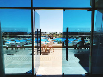 View of airport seen through window