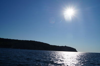 Scenic view of sea against clear sky on sunny day