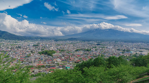 High angle view of town against sky