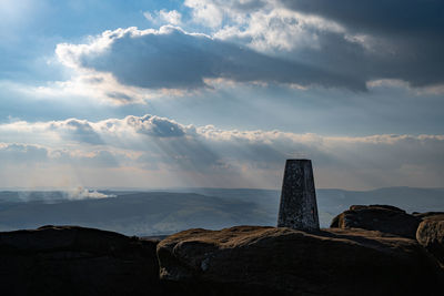 Trig point against angry sky. 