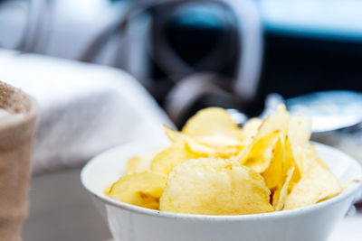 Close-up of potato chips in bowl