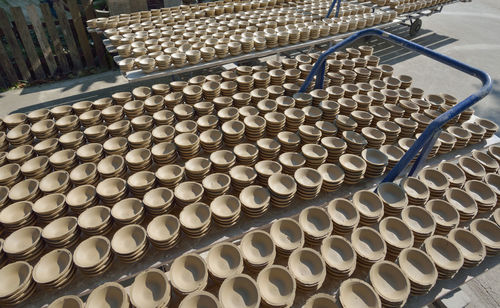 High angle view of earthenware bowls