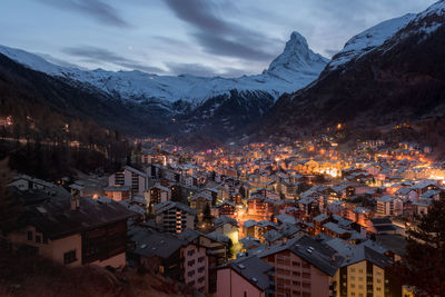 High angle view of townscape against sky during winter