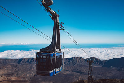 Overhead cable car over sea against blue sky