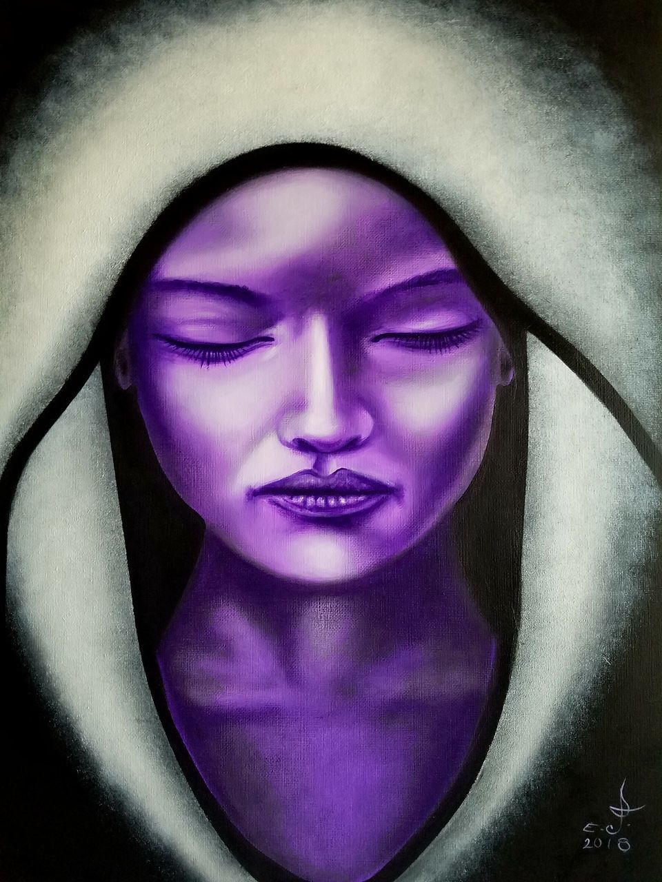 CLOSE-UP OF YOUNG WOMAN WITH PURPLE FACE