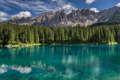 Scenic view of lake by mountains against sky