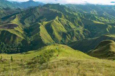 Scenic view of green landscape and mountains