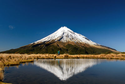 Scenic view of lake and snowcapped mountains against clear blue sky