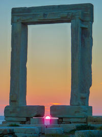 Close-up of built structure against sky at sunset