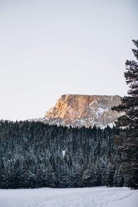 Scenic view of snow covered land against clear sky