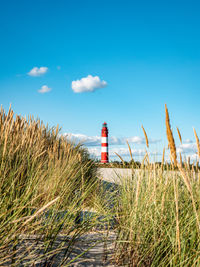 Lighthouse on field against sky