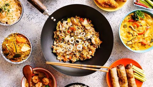 High angle view of breakfast on table