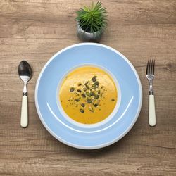 High angle view of soup on table