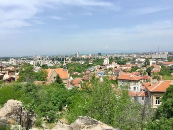 High angle view of townscape against sky