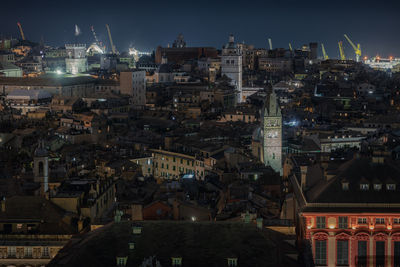 High angle view of city buildings at night