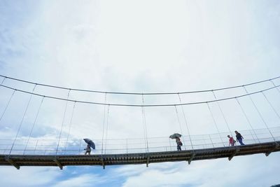 Low angle view of women walking on rope bridge against cloudy sky