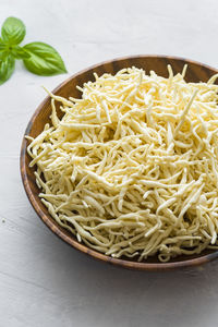 High angle view of noodles in bowl on table