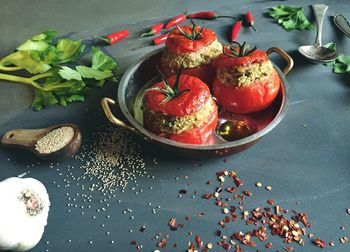 High angle view of fruits in bowl on table